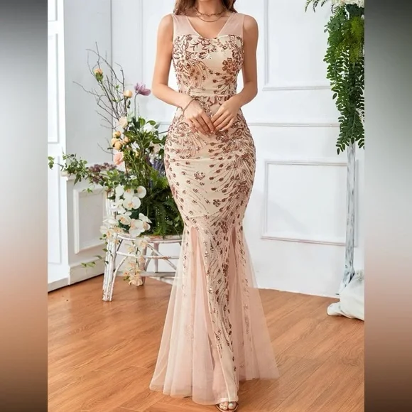 Luxe champagne contrast mesh slit thigh party formal evening bridesmaids dress